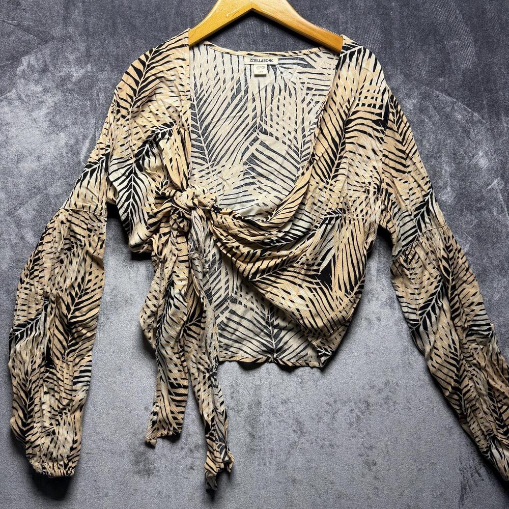 Billabong Blouse Womens L Beige Cropped Tie Front Sheer Balloon Sleeve Boho